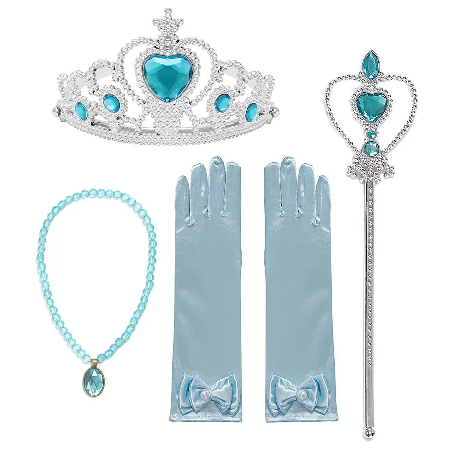 VOGUEON Girls Belle Sofia Elsa Aurora Princess Accessories Magic Wand Crown Necklace Gloves Rings Earrings Set Children Dress UP - Цвет: Blue 5 Pcs