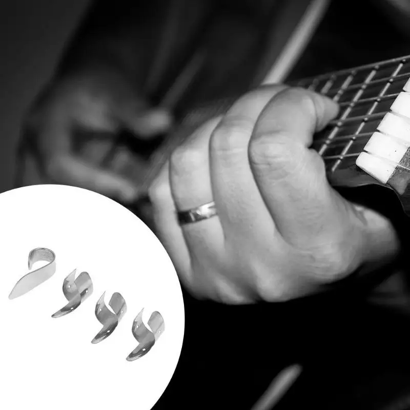 4 PCS/Set Stainless Steel Finger Thumb Guitar Picks Nail Picking Guitar