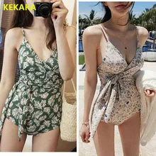 KEKAKA Новинка Корея с принтом зеленых листьев бантом цельный купальник женский пуш-ап бандаж цельный купальный костюм Пляжная одежда