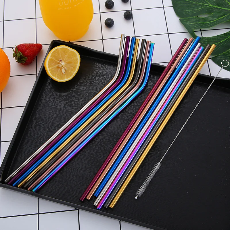 

14pcs 6mm Bent Straight Drinking Straws With 1pc Brush Stainless Steel Reusable Multi-colors Straw Coffee Juice Milk Tea Straws