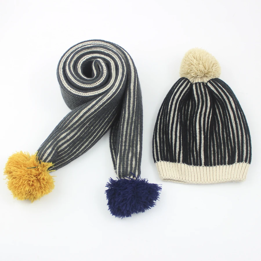 Теплые зимние толстые трикотажные лыжные шапочки и шарфы для детей от 1 до 8 лет, длинные шали, милые двойные цвета, шаровая шапка, шарф, комплект для детей