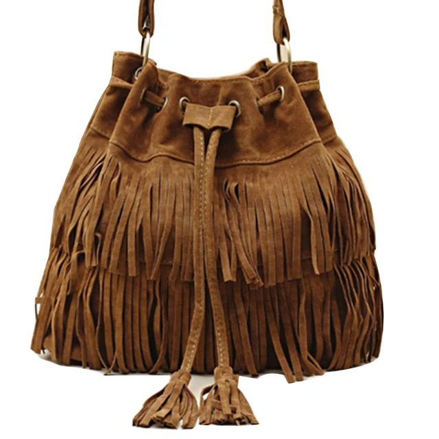 2pcs/bag Wholesale Suede Drawstring Bucket Bag Fringe Tassel Shoulder Handbags Women Messenger