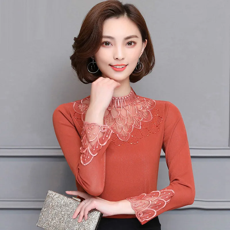 

Sale Autumn Winter Women Tops Fashion Lace Stitching Blouse Long Sleeve Slim Shirt Elegant Hollow Top blusas femininas kimono