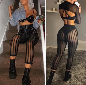 

hirigin Women Mesh Sheer See Through Striped Leggings Cover Ups High Waist Bodycon Black Slim Perspective Legging Pants Trouser