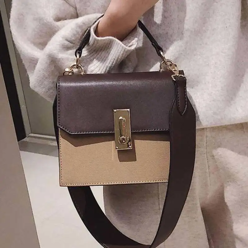 

Casual PU Leather Handbag Women Female Chic Wide Shoulder Straps Women's Bag Panelled Square Bag Crossbody Bags for Women Bag