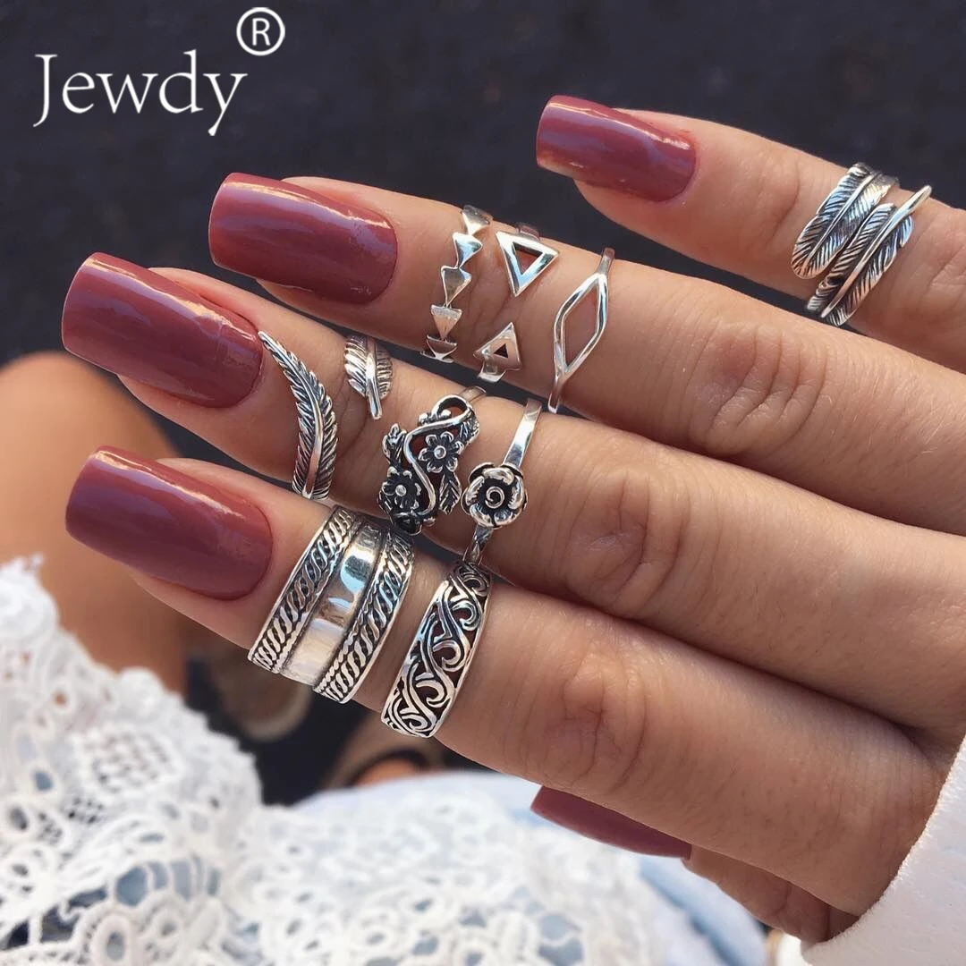 

9PCS/Lot Boho Triangle Midi Finger Ring Set Vintage Punk Carved Knuckle Lotus Rings for Women Anillos Party Jewelry