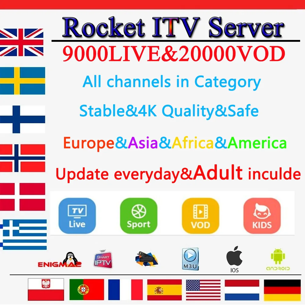 Rocket iptv подписка+ x96 Мини android tv box 9000 live+ 20000vod лучшая Швеция голландская Польша США Франция Испания Португалия iptv m3u