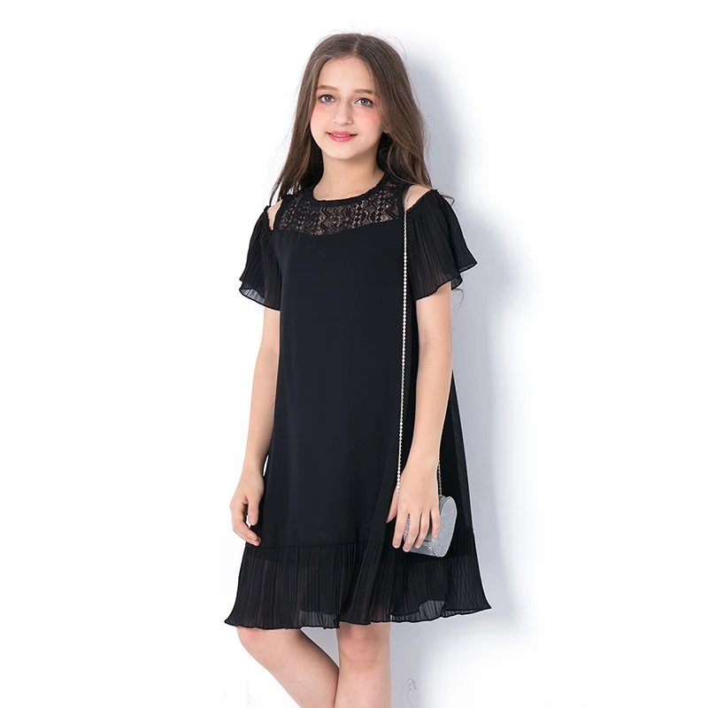 

2018 Summer Teen Girls Dress Children's Clothing Dresses Children Black Princess Strapless Hollow Chiffon Vestidos for Teenagers
