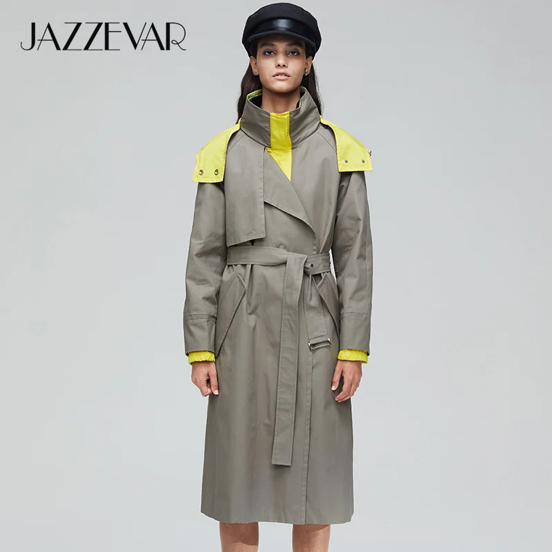 Koop JAZZEVAR2019 Nieuwe collectie herfst trenchcoat vrouwen bovenkleding kwaliteit met een kap double breasted top lange jas vrouwen mode 9021