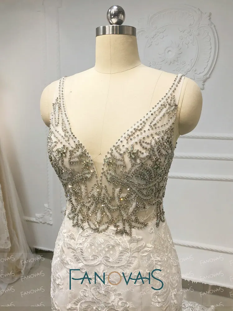 Crystal RhineStone Luxury Mermaid Wedding Dresses Lace Wedding Gowns Vestido De Novia Длинный Поезд Пляж Свадебные Платья