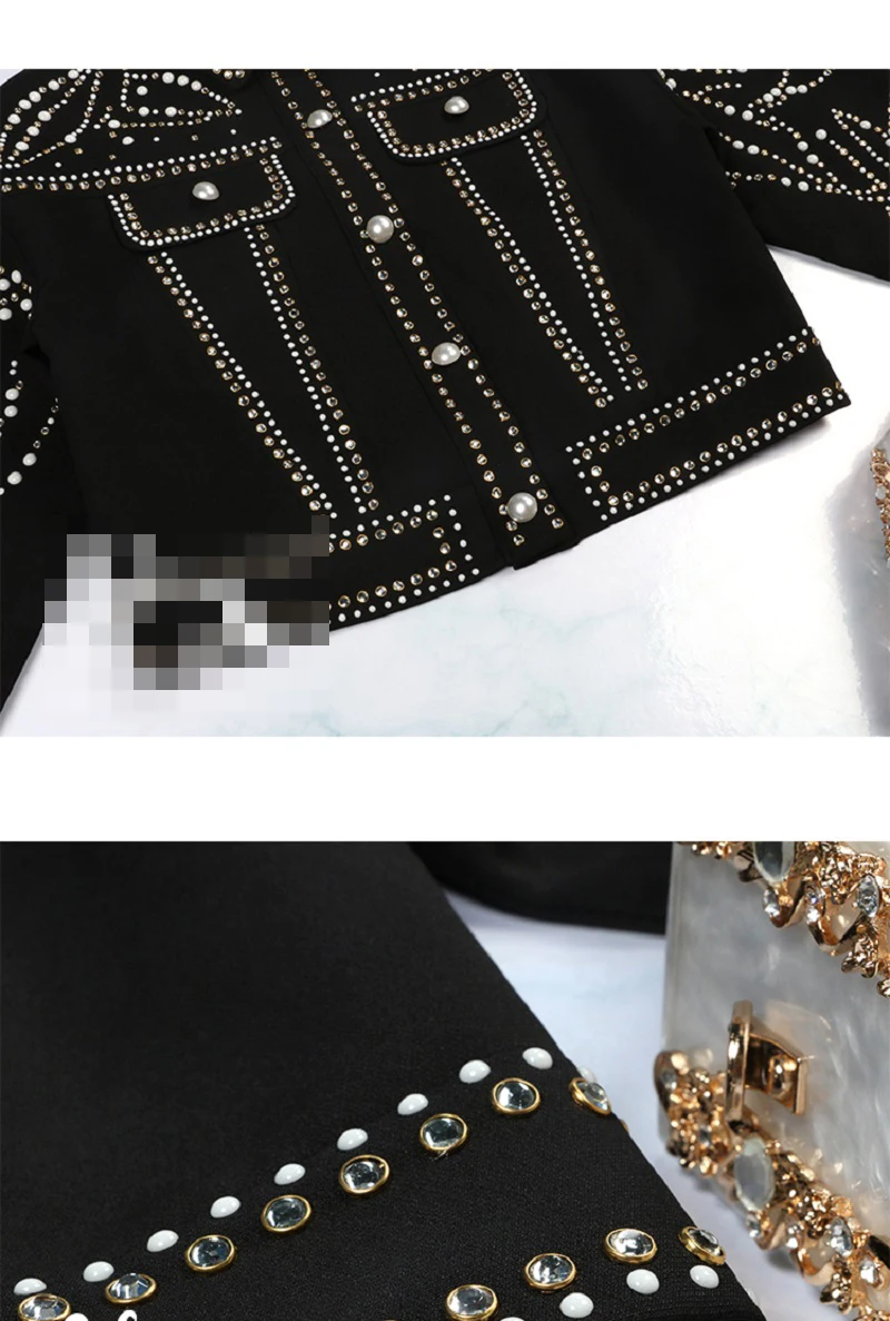 Зимняя женская черная куртка в стиле панк, дизайнерская роскошная женская уличная одежда с бриллиантами и жемчугом