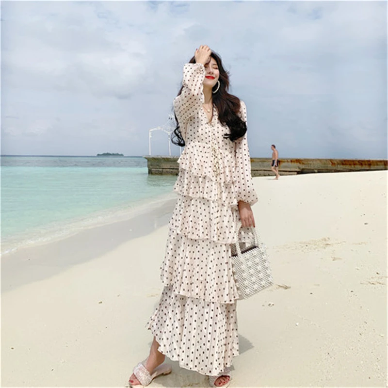 

RUGOD 2019 New Arrival Spring Women Dress V-neck Cascading Ruffle Temperamental Dress Dot Lantern Sleeves Modis Mujer Vestidos