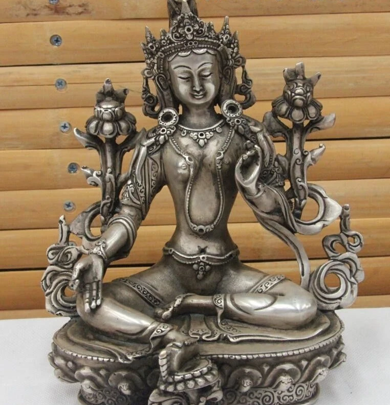 

Tibet White Copper Silver Green Tara Guanyin Kwan-yin Bodhisattva Buddha Statue