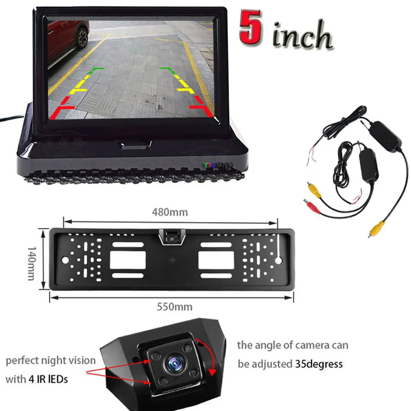 

YYZSDYJQ 5" Foldable TFT LCD Mirror Monitor 2.4Ghz Wireless Car Reverse Back Up 4 IR NightVision License Plate Frame Camera Kit