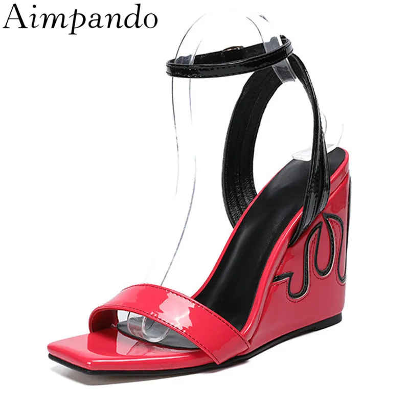 

New Arrival Rose Wedges Gladiator Sandals Women Ankle Strap One-strap Square Toe Patent Leather High Heel Sandalias De Mujer