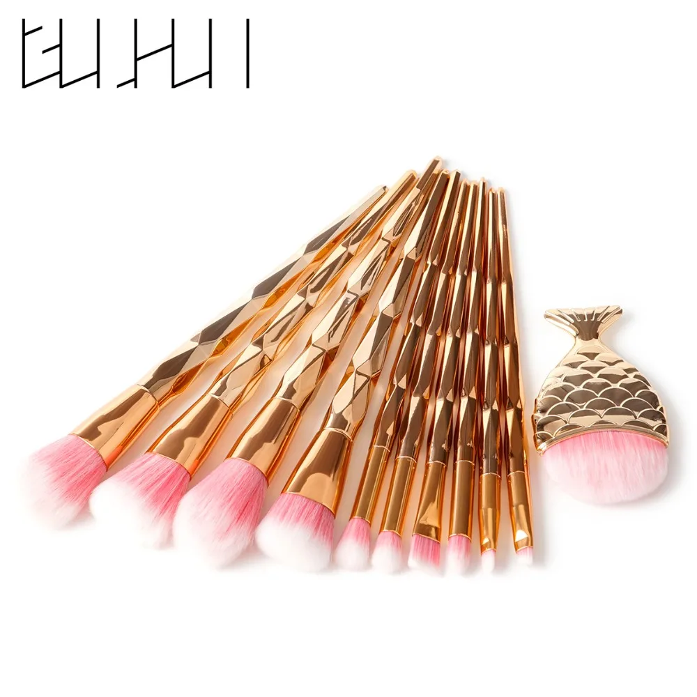 

10/11pcs Diamond Rose Gold Makeup Brushes Set Mermaid Fishtail Shaped Foundation Powder Cosmetics Brush Eyeshadow Brush Kit