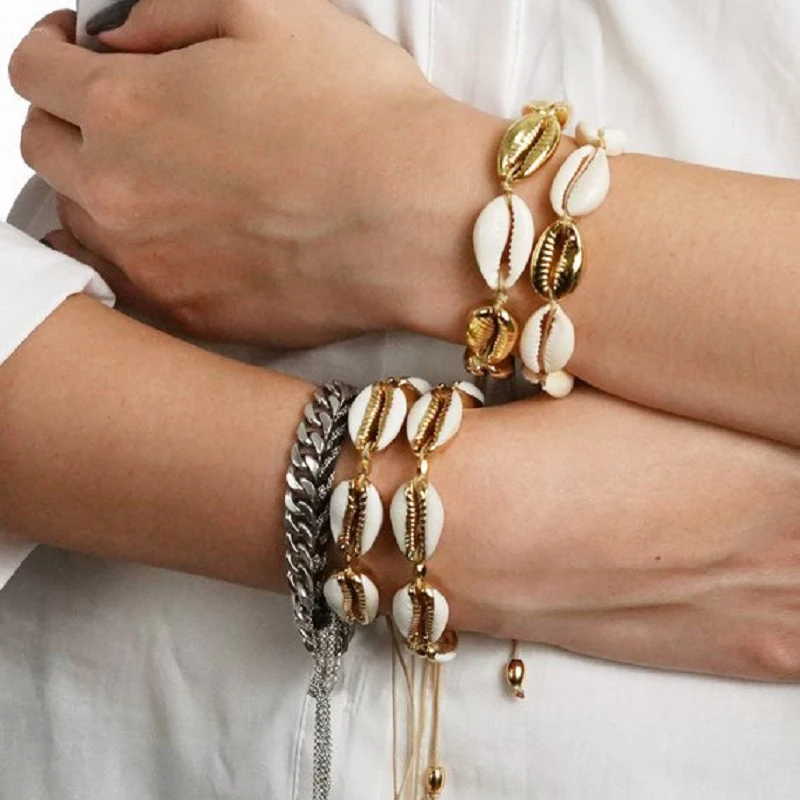 

Trendy Gold Shell Bracelets for Women Summer Beach Delicate Handmade Adjustable Nature Shell Chain Bangles & Bracelets Jewelry