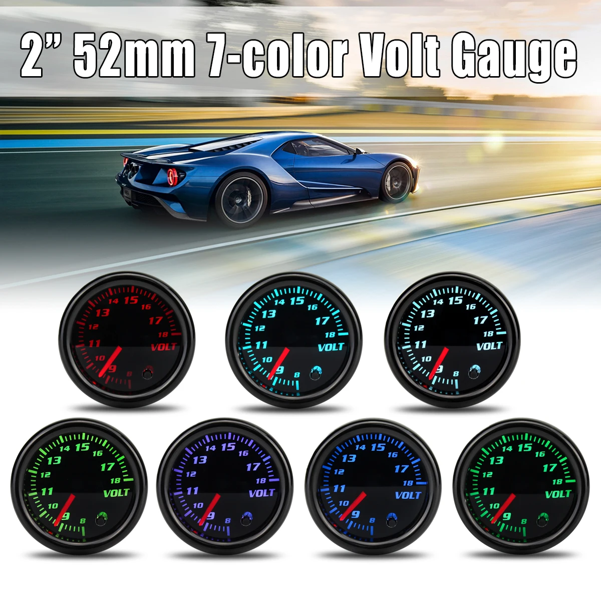 

12V Universal 2inch 52mm Auto Volt Voltage Gauge Meter 7 Color LED Display Tinted Face
