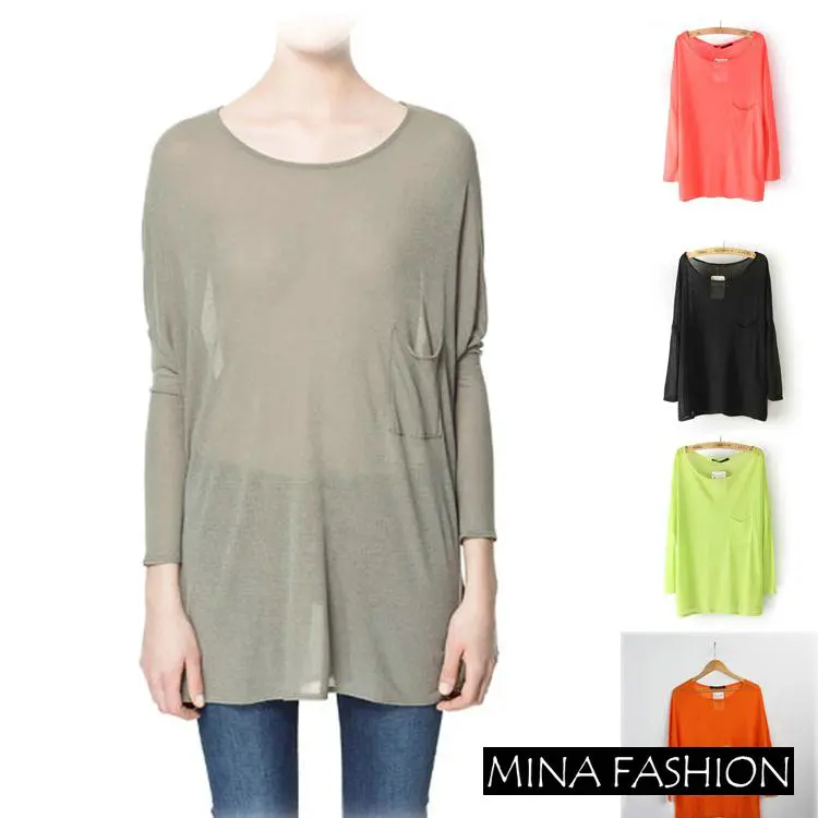 

LOOSE BATWING SLEEVE CREW NECK LONG-SLEEVED SLIM SINGLE POCKET FABRIC MICROLENS T-SHIRT WF-4497890Freeshipping