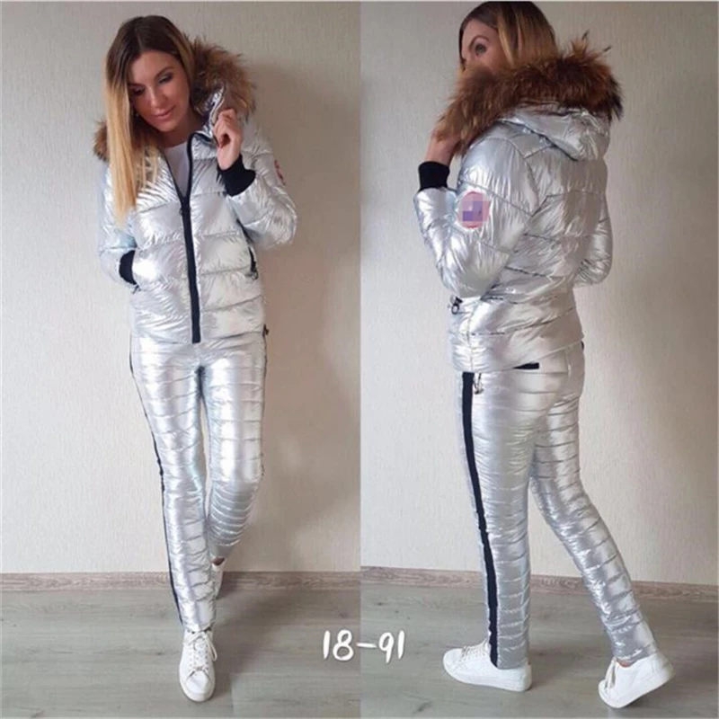 silver Ensembles Longue Parka En Casual 2 silver Zipper Chaud Champagne À Ensemble Survêtement Argent Nouveau Manteau Veste Femmes rose Gold Métal Pièce Gray Rembourré Deux Coton Capuchon Pantalon Eq46HAZ