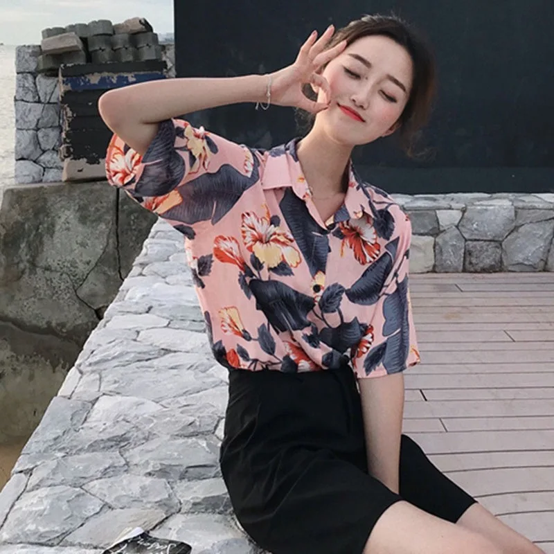 Harajuku, женская блузка и топы, с принтом, Ретро стиль, корейский стиль, короткий рукав, повседневные, Гавайские, пляжные, женские рубашки