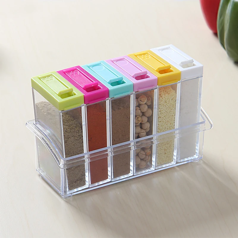 6Pcs/Set Transparent Coloful Plastic Spice Rack Kitchen Seasoning Jar Salt Suger Spice Pepper ...