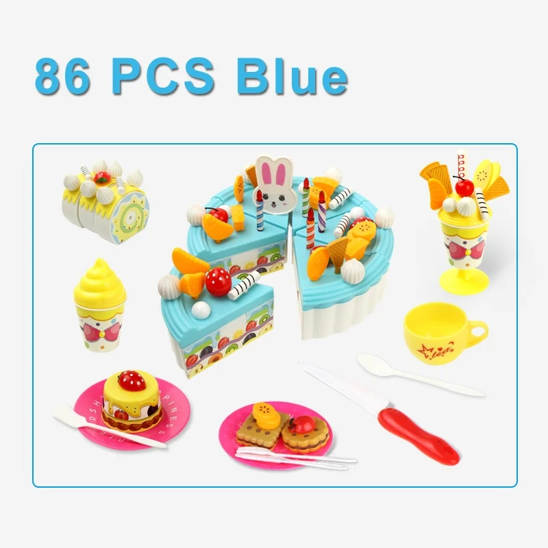 44-103 шт DIY ролевые игры фрукты разрезание торта ко дню рождения кухонная игрушечная еда Cocina De Juguete девочка подарок обучающая игрушка для детей> - Цвет: 86pcs blue