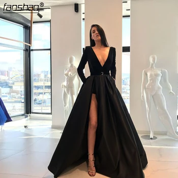 

Black Muslim Slit Evening Dresses 2019 A-line V-neck Long Sleeves Sexy Islamic Dubai Saudi Arabic Long Evening Gown Prom Dress