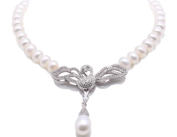 

Charming 7-7.5mm White Freshwater Pearl Pendant Necklace Swan-style Party Wedding Mother Gifts