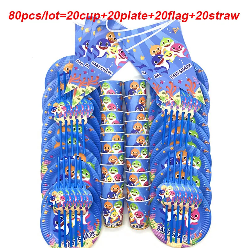 

2019 Hot Baby Shark Theme 80PCS Birthday Banners For Baby Shower Event Party Supplies Paper Cup Plate Disposable Tableware Set