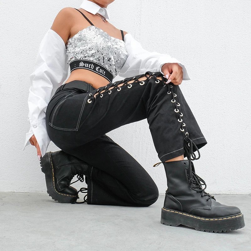 Rapwriter/уличная одежда в стиле панк, с перекрестной шнуровкой сбоку, прямые черные женские брюки,, высокая талия, брюки для бега, длинные штаны, Капри с карманами