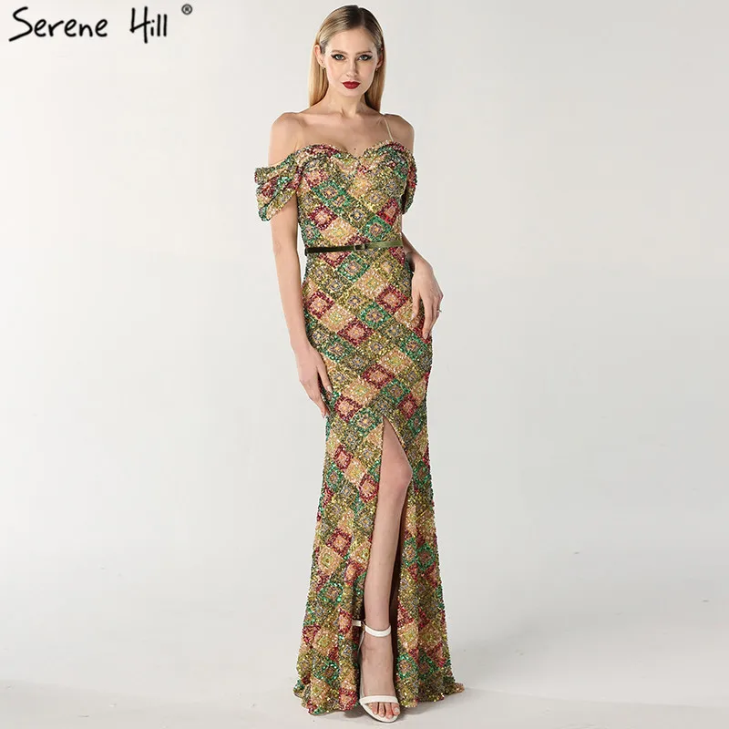 

Latest Design Off Shoulder Sexy Evening Dresses Multicolored Sequins Luxury Split Front Evening Gowns Serene Hill BLA60804