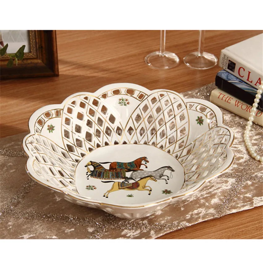 

European Style Round Ceramic Plate Dessert Fruit Hollow Dish Dried Fruit Storage Tray Wedding Gift Home Furnishing Decoration