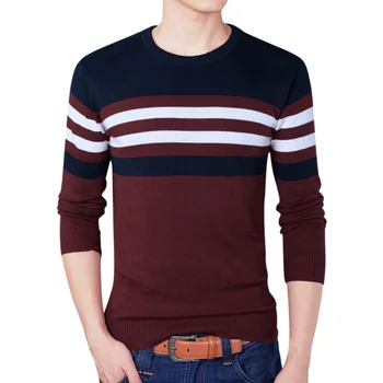 

Men Cotton Stripe Contrast Color Round Neck Long Sleeve Knit Regular Fit Pullover Sweaters T7