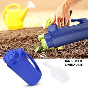 

2L Hand Held Spreader In Blue Adjustable Hole Size For Seed Fertiliser Salt To Deice Or Any Size Granule Complete With Scoop