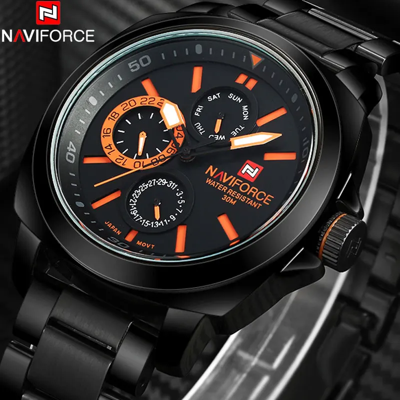 Часы NAVIFORCE Мужские кварцевые водонепроницаемые до 30 м с браслетом из нержавеющей