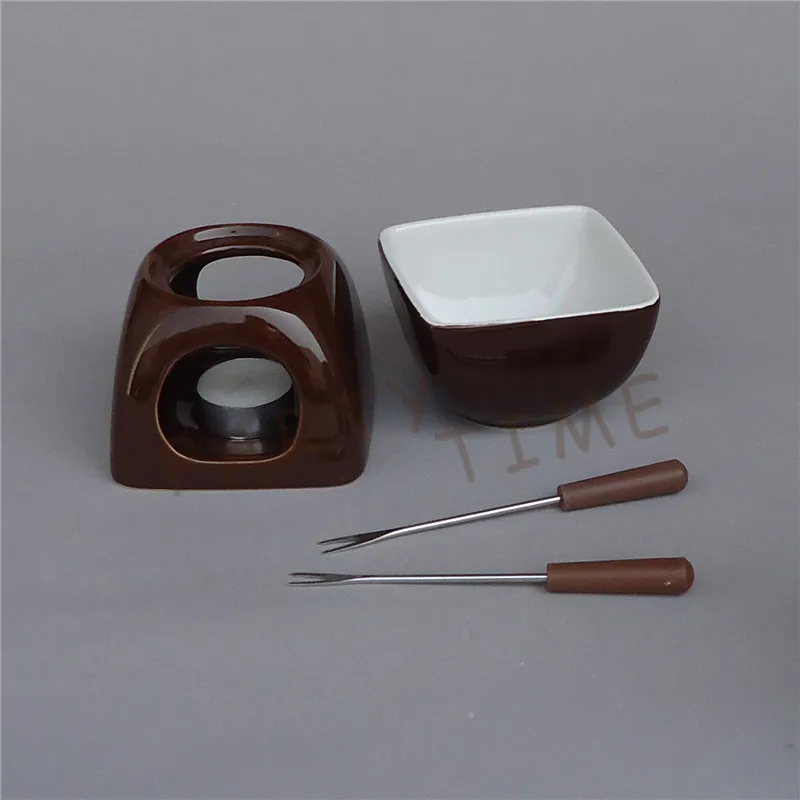 Ceramic chocolate color fondue set square cheese warmer chocolate pot