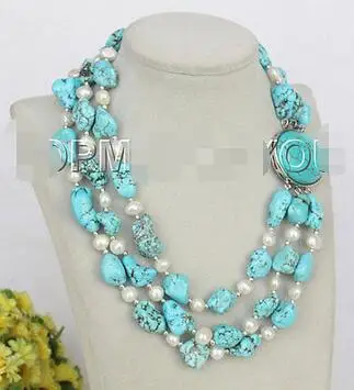 

Free Shipping>>new hot Natural 17" 3row baroque white pearls blue turquoise necklace E3778
