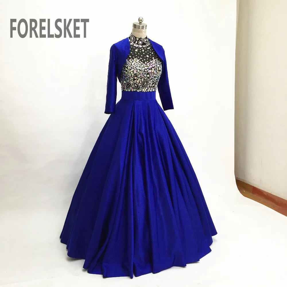 

Twinkly Beading Crystal Satin Prom Dresses With Jacket 2020 Blue Celebrity Formal Evening Gowns Long Sleeves Robe De Soiree