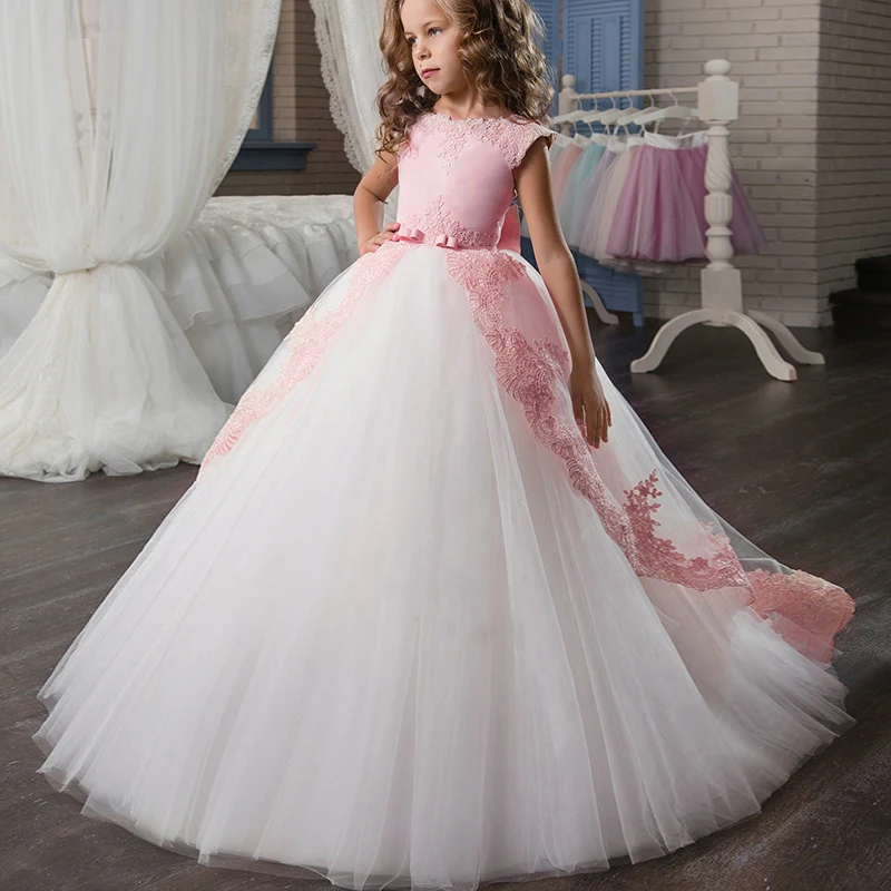 Flower Girl Wedding Party Little Bridesmaid Banquet Tail Embroidery Dress Girl's Birthday Party Dinner Party First Dinner Dress