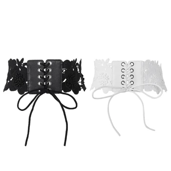 

KLV Fashion Chic Women Lace Up Corset Waist Belt Lace Floral Hollow Out Elastic Waistband Bandage Cummerbunds Belts White Black