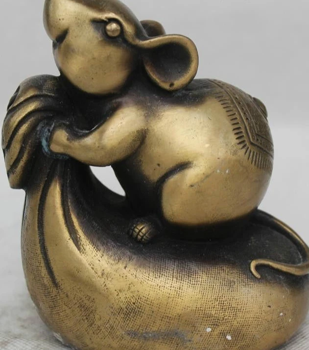 

6"China Chinese Folk Bronze Lucky Lifelike mouse steal food Statue Sculpture