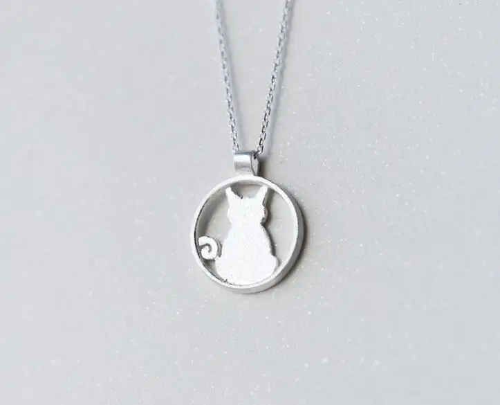 Real. 925 Sterling Silver Jewelry Circle kitten Cat Necklace Pendant