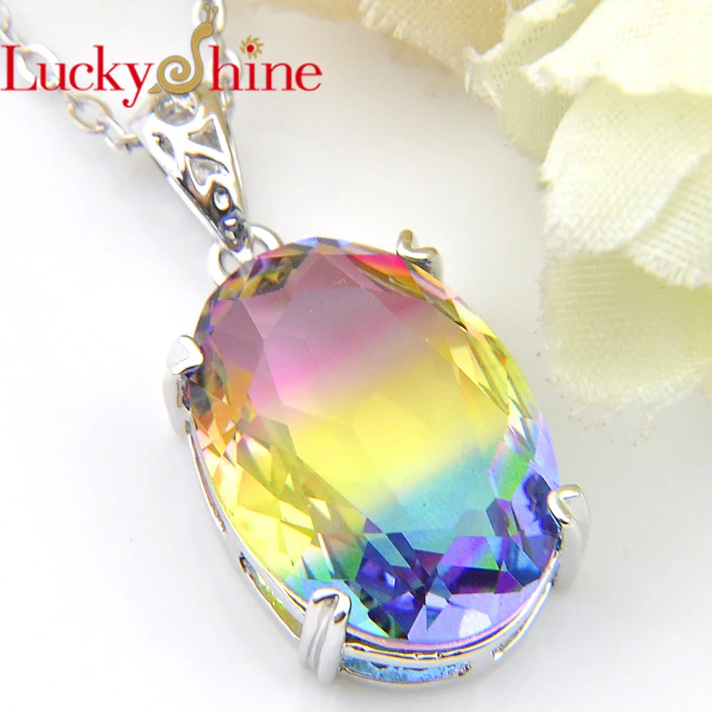 

Luckyshine NEW Gentle Charm Bi Colored Tourmaline Gems Crystal Zirconia 925 Silver Ovalt Pendants for Necklaces With Chain