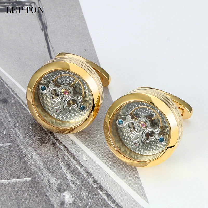 Lepton Exquisite Tourbillon Movement Cufflinks For Mens Wedding Groom Watch Steampunk Gear Mechanism Cuff links Relojes gemelos
