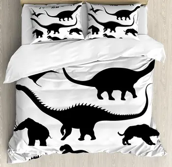 

Dinosaur Duvet Cover Set Various Black Dino Silhouettes Jurassic Evolution Extinction Predator Animals Bedding Set Black White