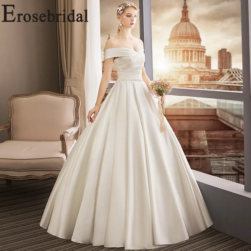 

Erosebridal New Arrival 2019 Satin Evening Dress off the Shoulder Evening Gown Simple Dress for Formal Party Girls Dress