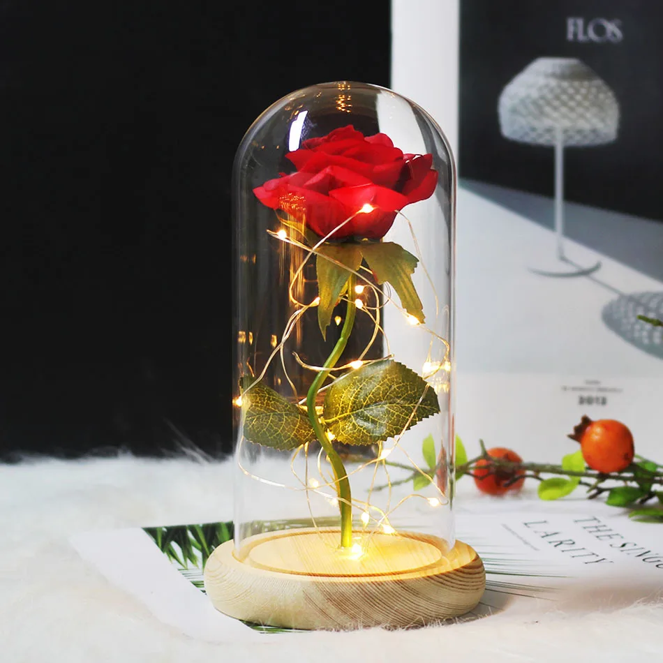 Romantic Gift Preserved Rose Beauty And The Beast Rose Rose In Glass Dome LED Light Forever Rose Red Rose Belle Preserved Rose