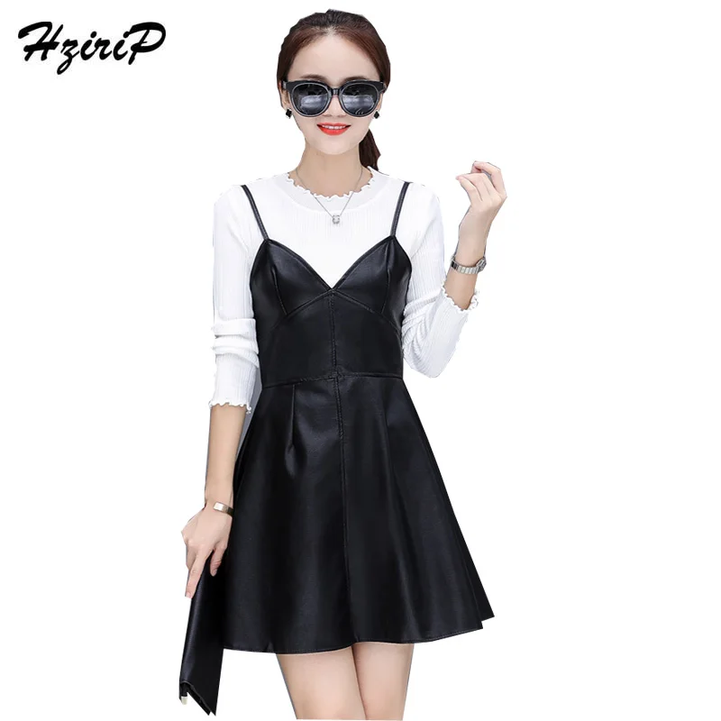 HziriP PU Leather Strap Dress Lace Collar Long Sleeves Shirt Bottoming