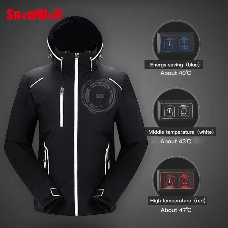 SNOWWOLF 2019 الرجال الشتاء بدلة تزلج USB ساخنة مقنعين سترة الذكور في الهواء الطلق للماء صامد للريح تنفس الحرارية معطف الجليد